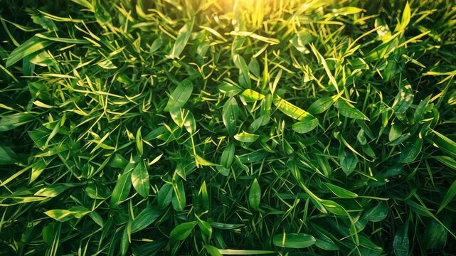 Overhead view of lush green grass and weeds growing, fresh and healthy. Nature and plant life concept.