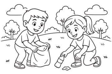 Kids Cleaning Up Trash in the Park - Community and Environmental Awareness Line Art for Coloring Pages