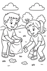 Boy and Girl Picking Up Trash in the Park - Cute Community Cleanup Line Art for Kids and Education