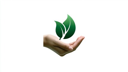 A hand holding green leaves representing sustainability and environmental consciousness