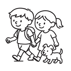 Boy and Girl Walking with Puppy - Cute Friendship and Pet Care Line Art for Coloring Pages
