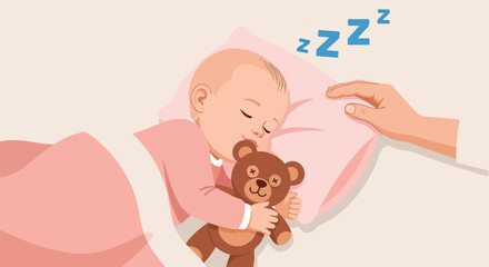 Cute Flat Vector Illustration of a Sleeping Baby Cuddling a Teddy Bear