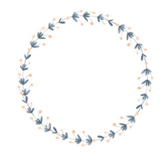 Minimalistic floral wreath with soft blue leaves and small pink berries. Watercolor illustration in whimsical, naive style. Perfect for invitations, greeting cards, nursery decor, or seasonal designs.