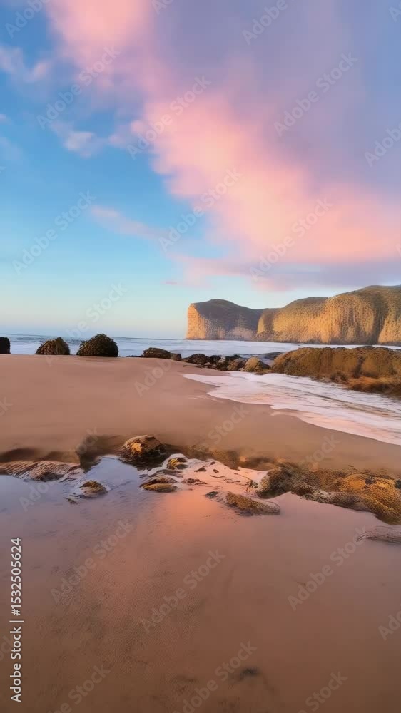 Poster Serene beach landscape with rock formations reflected in the tide pools and a colorful sky at dusk or dawn creating a calming atmosphere.