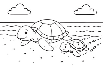 Sea Turtle and Baby Walking on Beach - Cute Nature Line Art for Coloring and Education