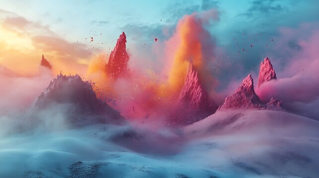 Surreal sand-like simulation breaking apart with color bursts