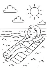 Woman Sunbathing on the Beach - Peaceful Summer Line Art Illustration for Coloring Pages