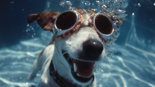 jack russell terrier in swimming pool wearing swim goggles, retro photo style &mdash; great for summer advertising, pet lifestyle content, or playful social media posts