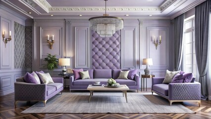 Fototapeta premium Luxurious lavender hue dominating the visual landscape of a modern living room with intricate patterns and textures creating an immersive ambiance , wallpaper, lavender