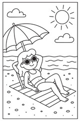 Woman Relaxing on Beach Under Umbrella - Cute Summer Line Art for Coloring and Vacation Themes