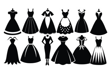 Elegant Black Dress Silhouettes Vintage and Modern Fashion Illustration of Various Styles and Designs