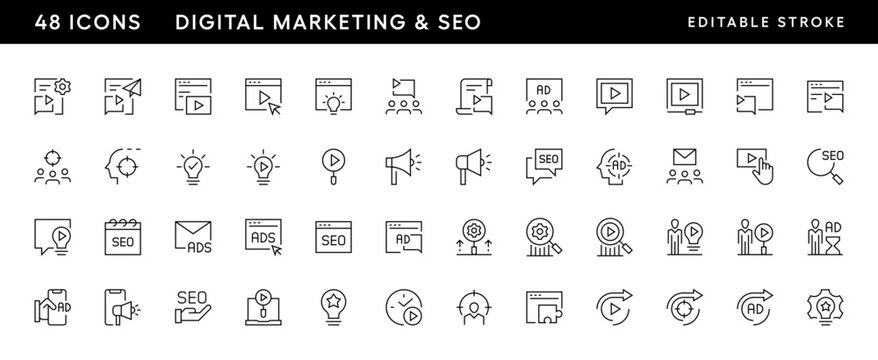 Digital marketing line icon collection. SEO icon set. Marketing, announcement, focus, research, search engine, promote, broadcast and more. Editable stroke. Pixel Perfect. Grid base 32 x 32.