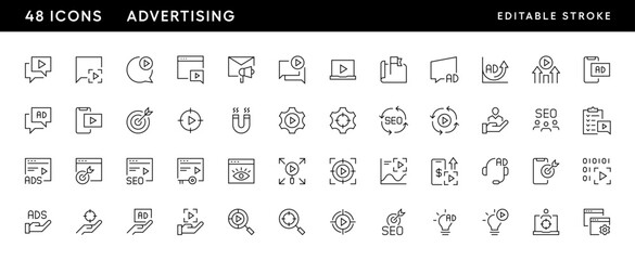 Advertising icon collection. Digital marketing, announcement, promotion, focus, research, search engine and more. Editable stroke. Pixel Perfect. Grid base 32 x 32.