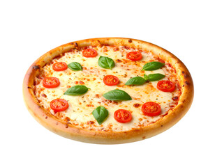 Delicious Margherita Pizza: A mouthwatering margherita pizza, with its classic combination of melted mozzarella cheese, ripe cherry tomatoes, and fresh basil leaves.