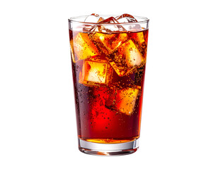 Refreshing Soda pop with Ice Cubes: A tall glass of cola, filled with ice cubes, creates a refreshing and tempting visual. The condensation on the glass adds to the image's appeal. 