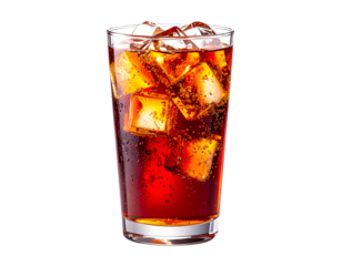 Refreshing Soda pop with Ice Cubes: A tall glass of cola, filled with ice cubes, creates a refreshing and tempting visual. The condensation on the glass adds to the image's appeal. 