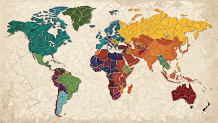 Colorful Mosaic World Map A Textured Artistic Representation of Global Unity