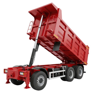 Red dump truck trailer with raised bed and hydraulic system on black background transparent PNG