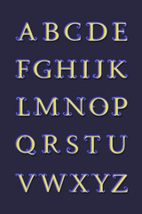Elegant 3D alphabet with curled serifs in yellow and purple. Ideal for invitations, branding, packaging, and classic decor.