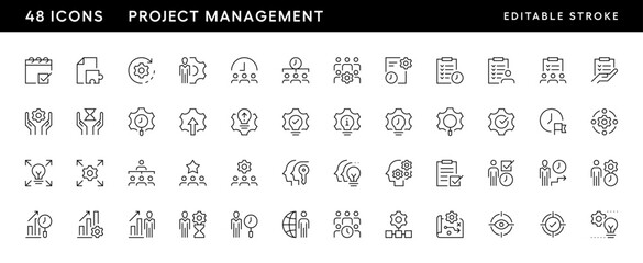 Project management outline icon collection. Team, efficiency, target, brainstorming, communication, leadership , productivity and more. Editable stroke. Pixel Perfect. Grid base 32 x 32.