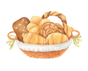 Bakery wicker hamper with pastries: buns, croissants and bagels in rustic, naive style. Vintage watercolor isolated composition. Ideal for menu design, food blogs, branding or kitchen-themed projects.