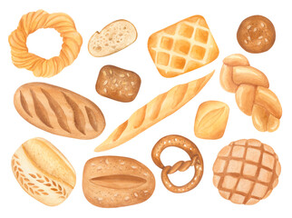 Bakery set with different kinds of bread: rye and wheat loafs, baguette, ciabatta, pretzel and bagel. Watercolor isolated illustration for menu design, food blogs, packaging or kitchen-themed projects