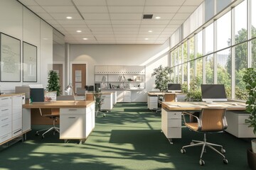 A modern open plan office with green carpet, wooden desks and black chairs
