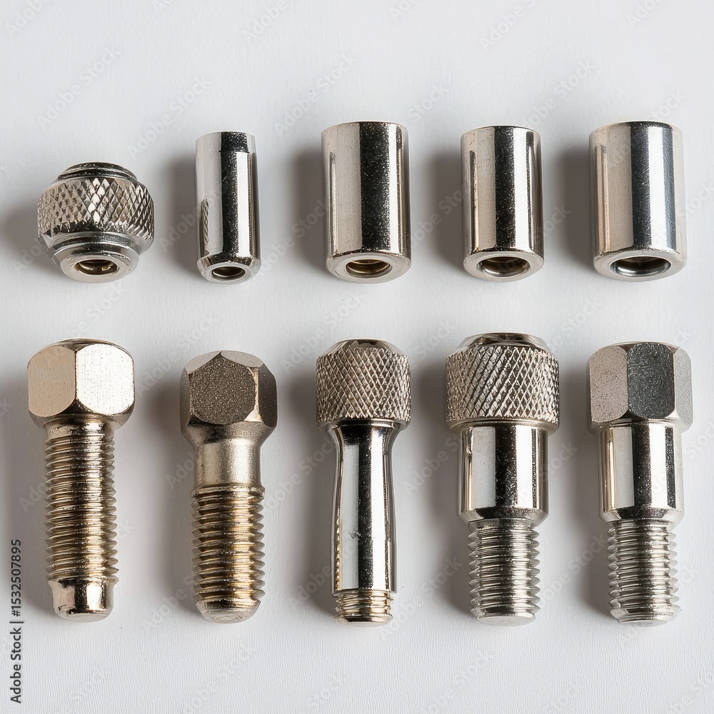 Aufkleber high quality metal fasteners including various sizes of hex nuts and drivers arranged neatly two row