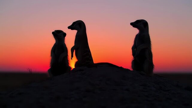 close-up silhouette portrait of two meerkats at sunset