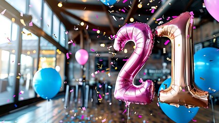 Colorful balloons and confetti celebrate a 21st birthday indoors