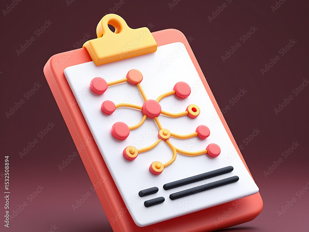 Poster 3d render of clipboard with flowchart showing network connections and data organization