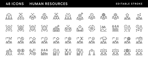 Human resources icon collection. Management, collaboration, career, experience, communication, leadership, productivity, meeting and more. Editable stroke. Pixel Perfect. Grid base 32 x 32.