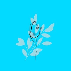 Abstract line drawing of a woman's face with leafy elements on turquoise background