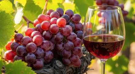 Fototapeta premium Grapes and Red Wine in Vineyard, Nature Photography, Outdoor Setting, Close-Up View