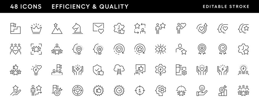 Efficiency and quality outline icon collection. Business values, productivity, success, mission, vision, creativity, excellence and more. Editable stroke. Pixel Perfect. Grid base 32 x 32.