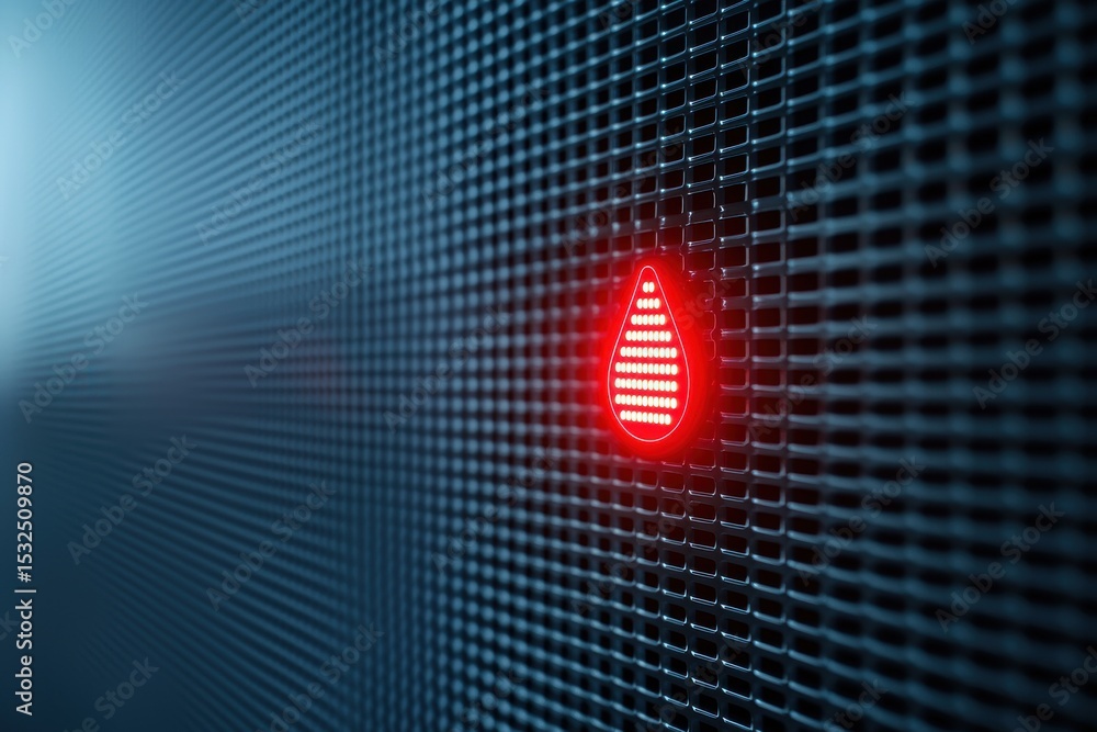 Poster a close-up of a digital screen with a red drop-shaped icon illuminated among a grid of dark pixels.