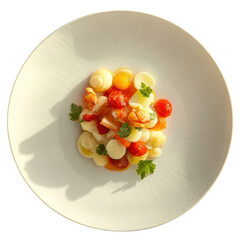 Potato gnocchi with tomato carrot and parsley on white plate