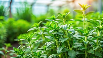 Fototapeta premium Aromatic herb plant with fragrant leaves and stems in a garden or greenhouse setting, plant, foliage