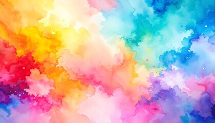 An abstract watercolor painting bursts with vibrant hues, blending a spectrum of rainbow colors in a dreamy, ethereal wash across the s, creating soft textures.