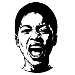 Screaming woman with short hair on transparent background for concept
