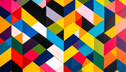 A vibrant and geometric abstract painting featu interconnected triangles and parallelograms in a dynamic arrangement of various bright and contrasting colors.