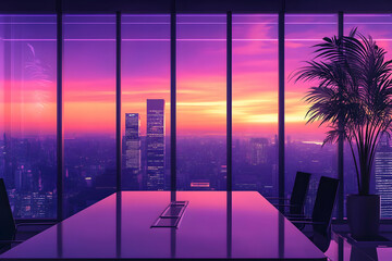 Modern conference room overlooking city skyline at sunset with vibrant colors