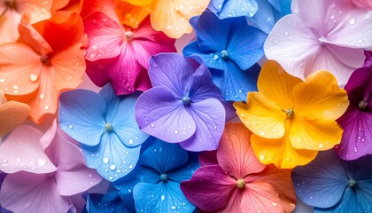Vibrant hydrangeas in a rainbow of colors are beautifully arranged, showcasing their delicate petals and refreshing water droplets in a visually stunning display.