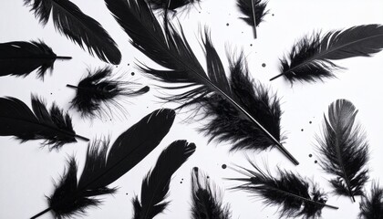 Elegant dark feathers are scattered across a clean, bright white surface creating a captivating contrast and airy visual display, perfect for design elements.