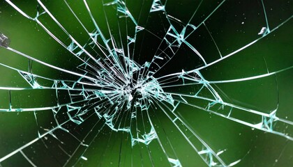 A broken glass pane shatters into a web of cracks radiating outward against a blurred natural green background creating a striking and damaged texture design.
