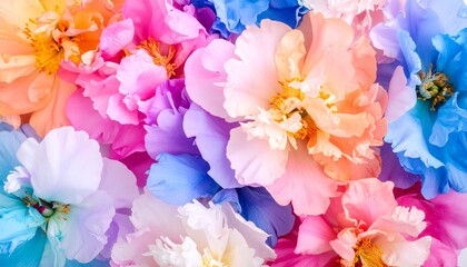 A vibrant close up of colorful peony blooms reveals a stunning array of orange, pink, purple, and blue petals, creating a bright and captivating floral display.