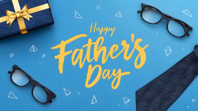 Happy Father's Day Minimalistic Design with Glasses, Gift Box, and Necktie on Blue Background