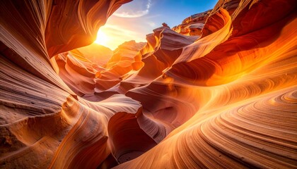 A breathtaking view showcases the beautiful orange sandstone formations of Antelope Canyon illuminated by the warm glow of the setting sun in Arizona, USA.