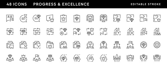 Progress and excellence outline icon collection. Personal growth, competence, success, innovation, consistency, achievement, diversity and more. Editable stroke. Pixel Perfect. Grid base 32 x 32.