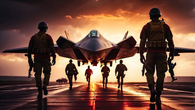 Fighter Jet Crew Walks Toward Stealth Aircraft at Sunset on Runway"